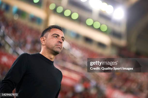 Xavi Hernandez, head coach of Barcelona looks on prior to the LaLiga Santander match between RCD Mallorca and FC Barcelona at Estadi de Son Moix on...