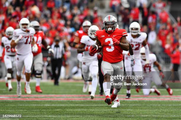 Miyan Williams of the Ohio State Buckeyes runs with the ball during the third quarter of a game against the Rutgers Scarlet Knights at Ohio Stadium...