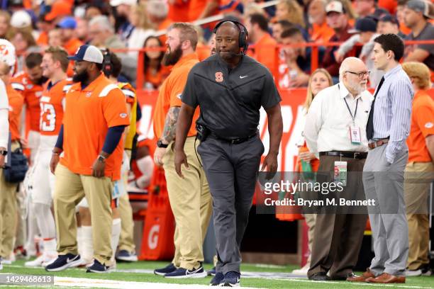 Head Coach Dino Babers of the Syracuse Orange looks on during the first quarter against the Wagner Seahawks at JMA Wireless Dome on October 01, 2022...