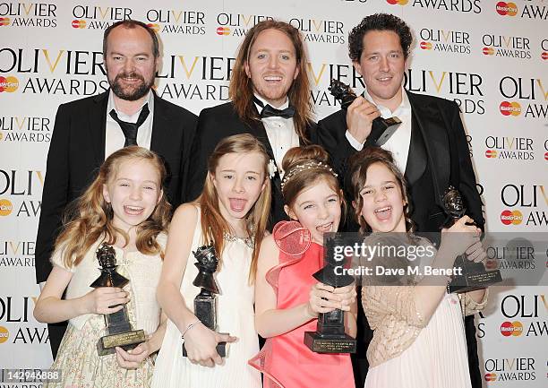 Director Dennis Kelly, Tim Minchin, Best Actor winner Bertie Carvel, Best Actress winners Sophia Kiely, Eleanor Worthington Cox, Kerry Ingram and...