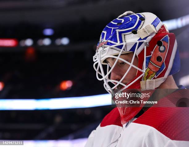 Goaltender Kevin Poulin of the Montreal Canadiens skates during warm-up prior to the game against the Ottawa Senators at Canadian Tire Centre on...