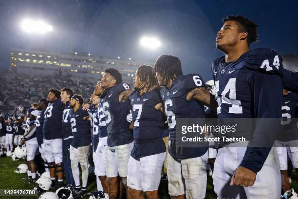 Chop Robinson of the Penn State Nittany Lions stands with teammates after the game against the Northwestern Wildcats at Beaver Stadium on October 1,...