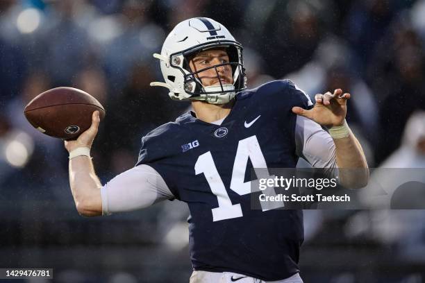 Sean Clifford of the Penn State Nittany Lions attempts a pass against the Northwestern Wildcats during the second half at Beaver Stadium on October...