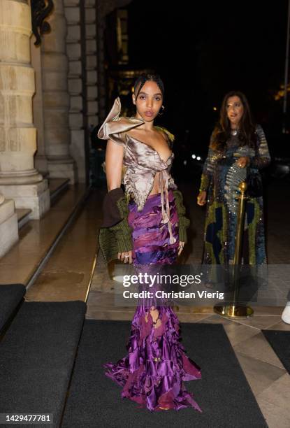 Twigs wears skirt, metallic colored top outside BOF 500 GALA during the Paris Fashion Week - Womenswear Spring/Summer 2023 - Day Six on October 01,...