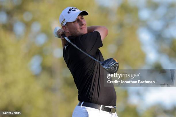 Emiliano Grillo of Argentina plays his shot from the 18th tee during the third round of the Sanderson Farms Championship at The Country Club of...