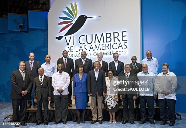 President Barack Obama poses for the family picture with Caribbean leaders Saint Lucia's Prime Minister Kenny Davis Anthony, Grenade's Prime Minister...