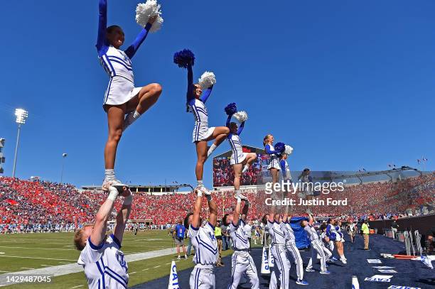 Kentucky Wildcats cheerleaders during the game against the Mississippi Rebels at Vaught-Hemingway Stadium on October 01, 2022 in Oxford, Mississippi.