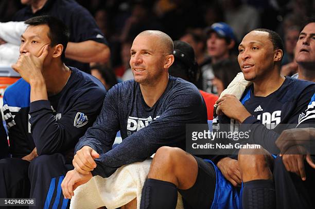 Yi Jianlian, Jason Kidd, and Shawn Marion of the Dallas Mavericks look on from the bench against the Los Angeles Lakers at Staples Center on April...