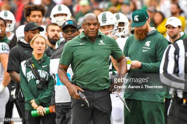Head Football Coach Mel Tucker of the Michigan State Spartans is seen on the sideline during the first half of a college football game against the...