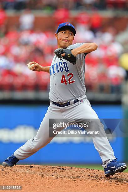 Reliever Rodrigo Lopez of the Chicago Cubs pitches against the St. Louis Cardinals at Busch Stadium on April 15, 2012 in St. Louis, Missouri. Both...