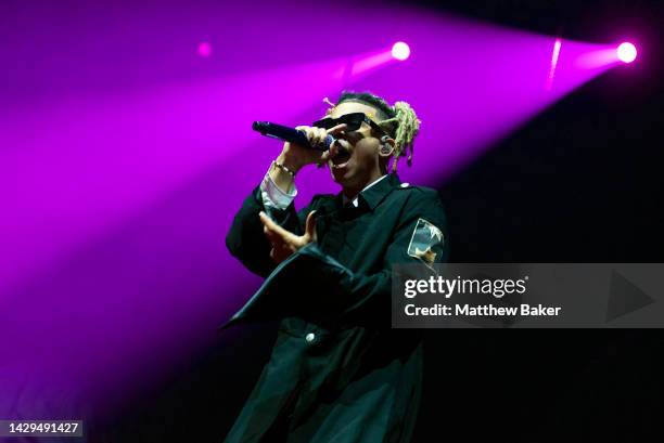 Iann Dior performs in support of Machine Gun Kelly at OVO Arena Wembley on October 01, 2022 in London, England.
