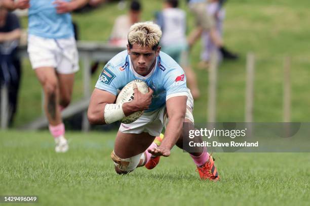 Rob Rush of Northland scores a try during the round nine Bunnings NPC match between Northland and Manawatu at Kaikohe RFC, on October 02 in Kaikohe,...