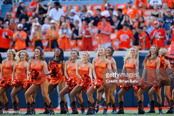 The Oklahoma State Cowboys pom squad performs a routine during a game against the Arkansas Pine Bluff Golden Lions at Boone Pickens Stadium on...
