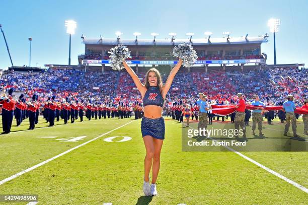 Mississippi Rebels cheerleader performs before the game against the Kentucky Wildcats at Vaught-Hemingway Stadium on October 01, 2022 in Oxford,...
