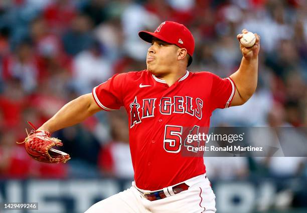 Jose Suarez of the Los Angeles Angels throws against the Texas Rangers in the first inning at Angel Stadium of Anaheim on October 01, 2022 in...