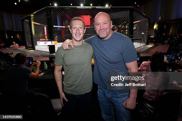 Mark Zuckerberg, founder and CEO of Facebook/Meta, poses with UFC president Dana White during the UFC Fight Night event at UFC APEX on October 01,...