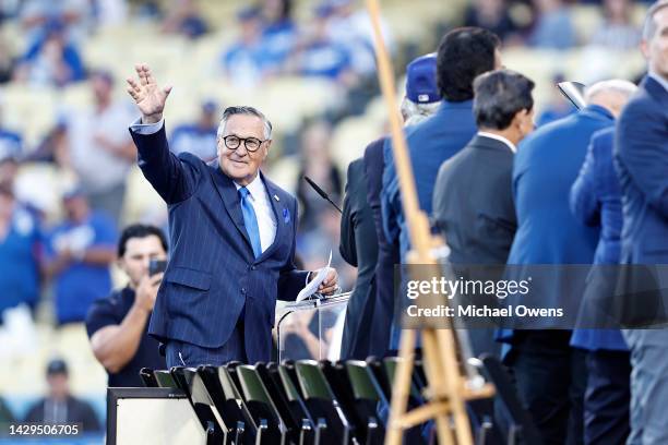 Los Angeles Dodgers Spanish language broadcaster Jaime Jarrin waves to fans during his retirement ceremony prior to a game between the Los Angeles...