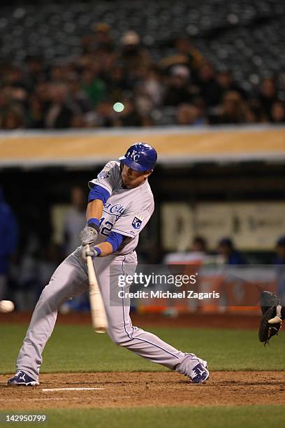 Mitch Maier of the Kansas City Royals bats during the game against the Oakland Athletics at the Oakland-Alameda County Coliseum on April 9, 2012 in...