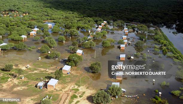 Aerial view of a flooded area in General Diaz, Chaco, 475 km northwest of Asuncion, Paraguay, in the border with Argentina on April 15, 2012....