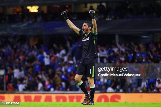 Jesus Corona of Cruz Azul celebrates the first goal of his team during the 17th round match between Cruz Azul and Chivas as part of the Torneo...