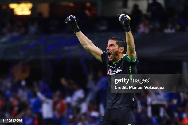 Jesus Corona of Cruz Azul celebrates after the first goal of Cruz Azul during the 17th round match between Cruz Azul and Chivas as part of the Torneo...