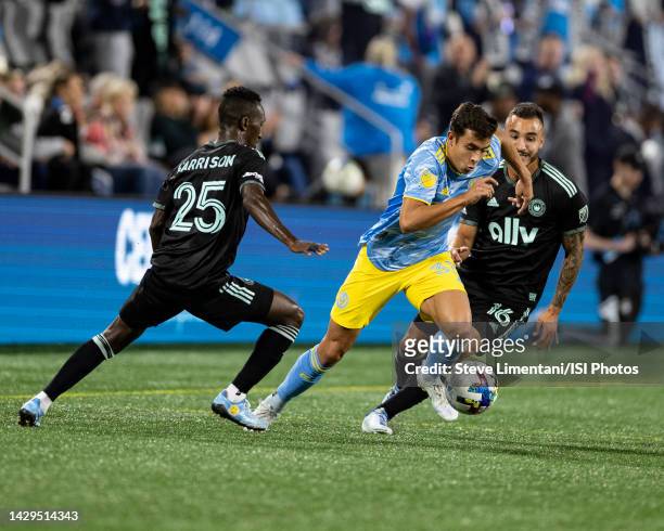Quinn Sullivan of Philadelphia Union runs with the ball during a game against Charlotte FC at Bank of America Stadium on October 1, 2022 in...