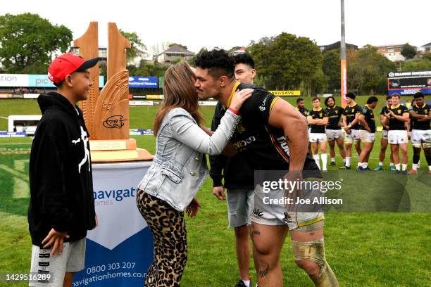 Nadene Quirk presents Du'plessis Kirifi of Wellington the Jonah Tali Lomu memorial trophy during the round nine Bunnings NPC match between Counties...