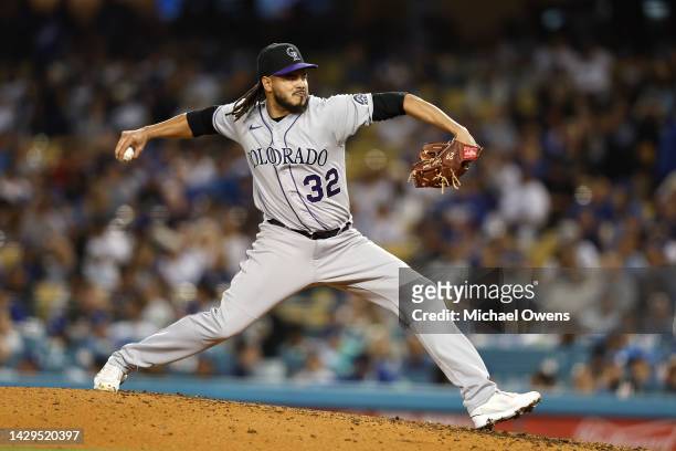 Dinelson Lamet of the Colorado Rockies pitches against the Los Angeles Dodgers during the seventh inning at Dodger Stadium on October 01, 2022 in Los...
