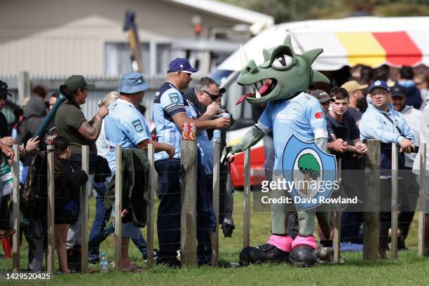 Derek Browning makes his 100th appearance as the official Northland Taniwha mascot during the round nine Bunnings NPC match between Northland and...