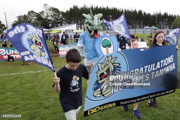 Derek Browning makes his 100th appearance as the official Northland Taniwha mascot during the round nine Bunnings NPC match between Northland and...