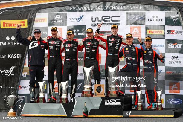 Toyota team boss Jari-Matti Latvala and WRC drivers L to R Benjamin Veillas and Sebastien Ogier 3rd place, Jonne Halttunen and Kalle Rovanpera 1st...