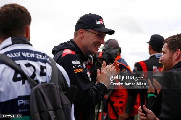 Toyota WRT team boss Jari-Matti Latvala celebrates Kalle Rovanperas victory during the 2022 Rally New Zealand on October 02, 2022 in Auckland, New...