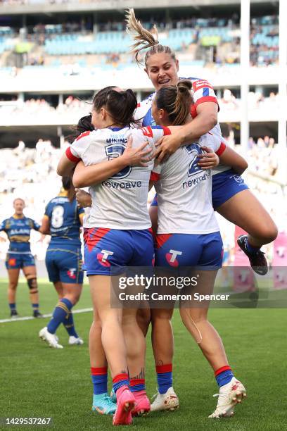 Kiana Takairangi of the Knights celebrates a try with team mates during the NRLW Grand Final match between Newcastle Knights and Parramatta Eels at...