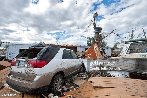 Damage is seen after an EF3 tornado swept through the Pinaire Mobile Home Park on April 15, 2012 in Wichita, Kansas. The storms were part of a...