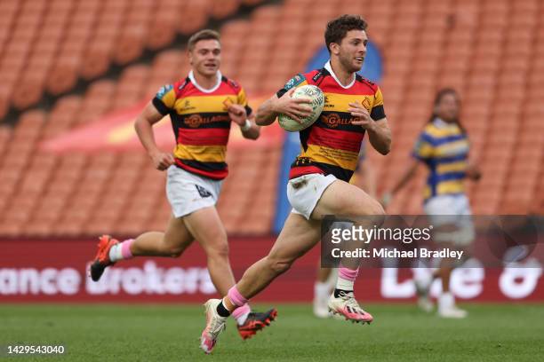 Liam Coombes-Fabling of Waikato runs away for a try during the round nine Bunnings NPC match between Waikato and Bay of Plenty at FMG Stadium, on...