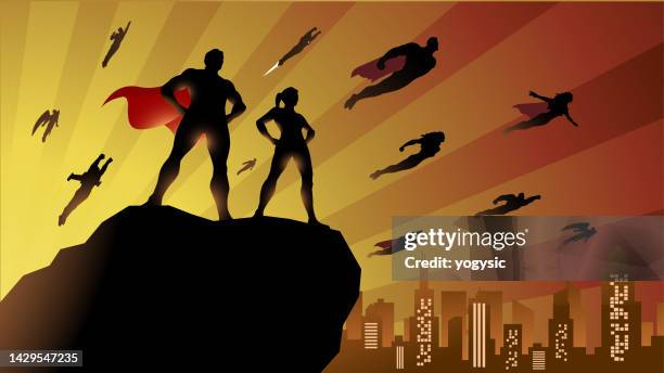 vector superhelden-team fliegende silhouette in einer stadt-stock-illustration - superheld stock-grafiken, -clipart, -cartoons und -symbole