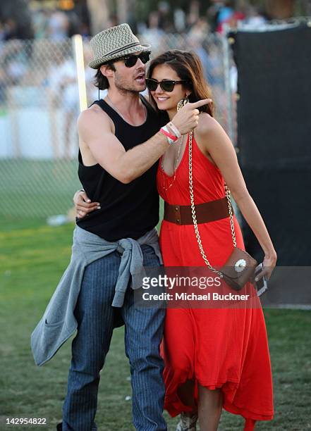 Actors Ian Somerhalder and Nina Dobrev attend Day 3 of the 2012 Coachella Valley Music & Arts Festival held at the Empire Polo Club on April 15, 2012...