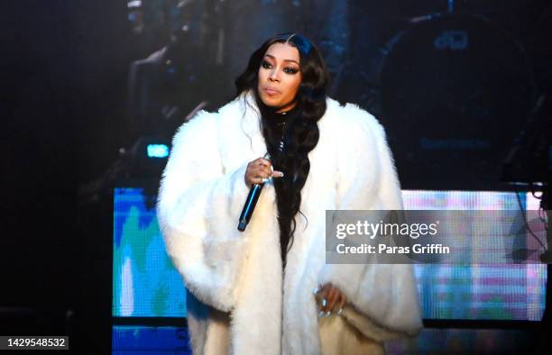 Singer Monica performs onstage during Atlanta R&B Music Experience concert at State Farm Arena on October 01, 2022 in Atlanta, Georgia.