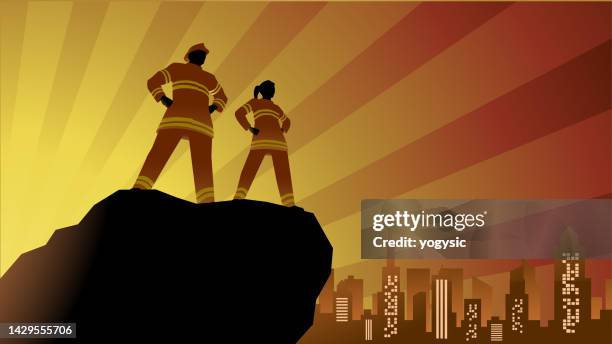 stockillustraties, clipart, cartoons en iconen met vector firefighters as superheroes silhouette in a city stock illustration - openbare dienstverlening