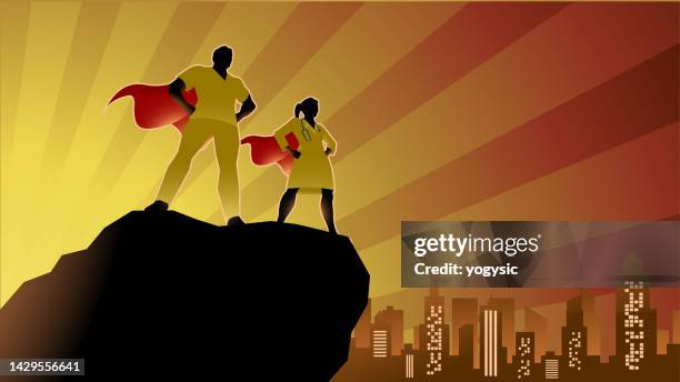 ilustraciones, imágenes clip art, dibujos animados e iconos de stock de vector medical workers superhéroes silueta en una ciudad ilustración de stock - servicios públicos