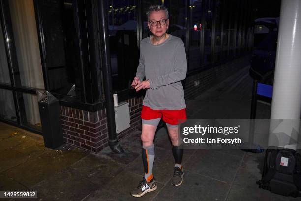 Michael Gove MP returns from a morning run to the Hyatt Regency Birmingham on the first day of the Conservative Party Conference on October 02, 2022...