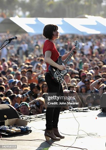 Musician Carrie Brownstein of Wild Flag performs during Day 3 of the 2012 Coachella Valley Music & Arts Festival held at the Empire Polo Club on...