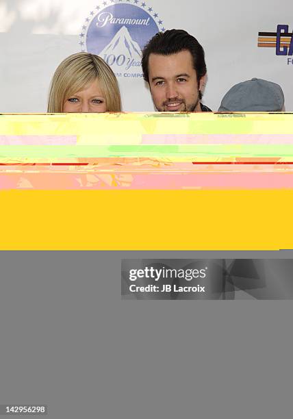 Kaitlin Olson, Rob McElhenney and Leo Grey McElhnney arrive at the 3rd Annual Milk And Bookies Story Time Celebration at Skirball Cultural Center on...