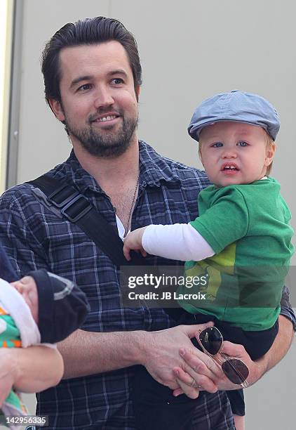 Kaitlin Olson, Rob McElhenney and Leo Grey McElhnney arrive at the 3rd Annual Milk And Bookies Story Time Celebration at Skirball Cultural Center on...