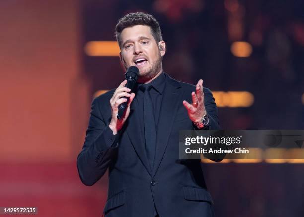 Michael Bublé performs on stage during his "Higher" tour at Rogers Arena on October 01, 2022 in Vancouver, British Columbia, Canada.