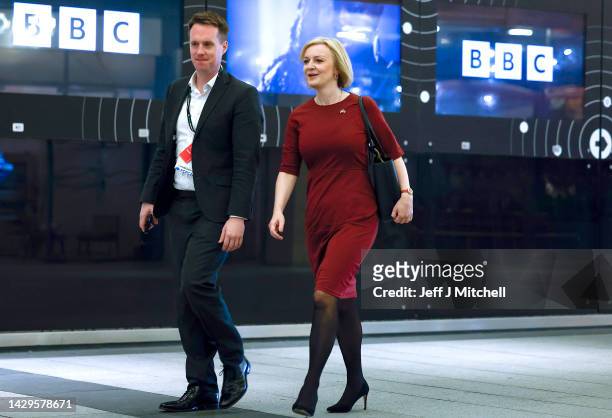 Prime Minister Liz Truss on the first day of the Conservative Party Conference, leaves BBC after appearing on Sunday with Laura Kuenssberg on October...