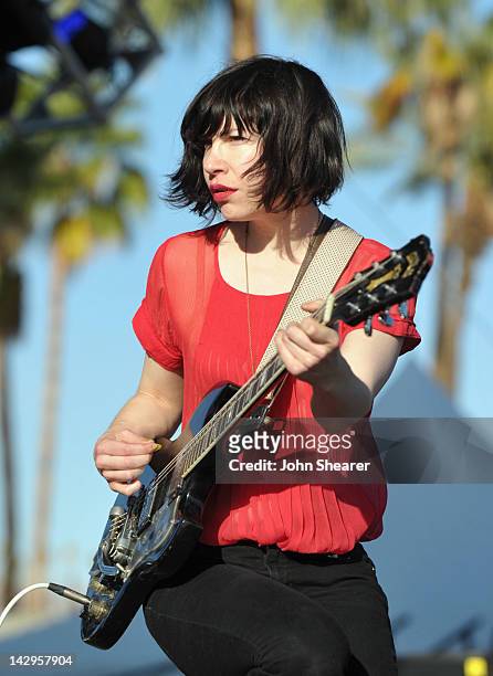 Musician Carrie Brownstein of Wild Flag performs during Day 3 of the 2012 Coachella Valley Music & Arts Festival held at the Empire Polo Club on...
