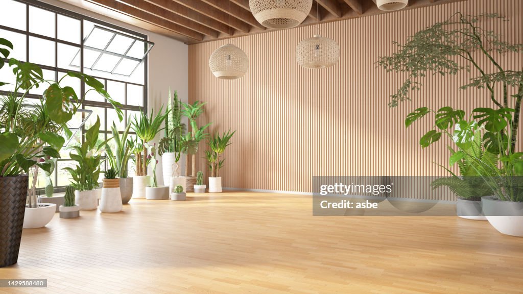 Empty Cozy Living Room with Green Plants
