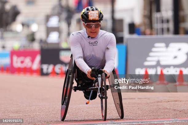 Catherine Debrunner of Switzerland finishes in first place in the Elite Women's Wheelchair Race during the 2022 TCS London Marathon on October 02,...