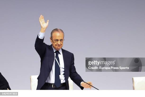 Florentino Perez, President of Real Madrid, attends during the Ordinary General Assembly of Real Madrid celebrated at Ciudad Deportiva Real Madrid on...